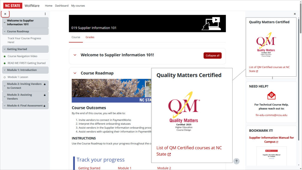 Moodle course, Supplier Information 101 with a Quality Matters certified badge