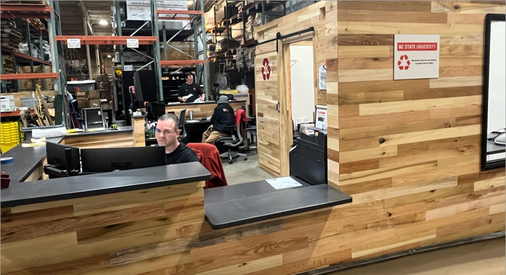 The new Warehouse Services and Surplus Customer Service Desk at the Materials Support Warehouse.