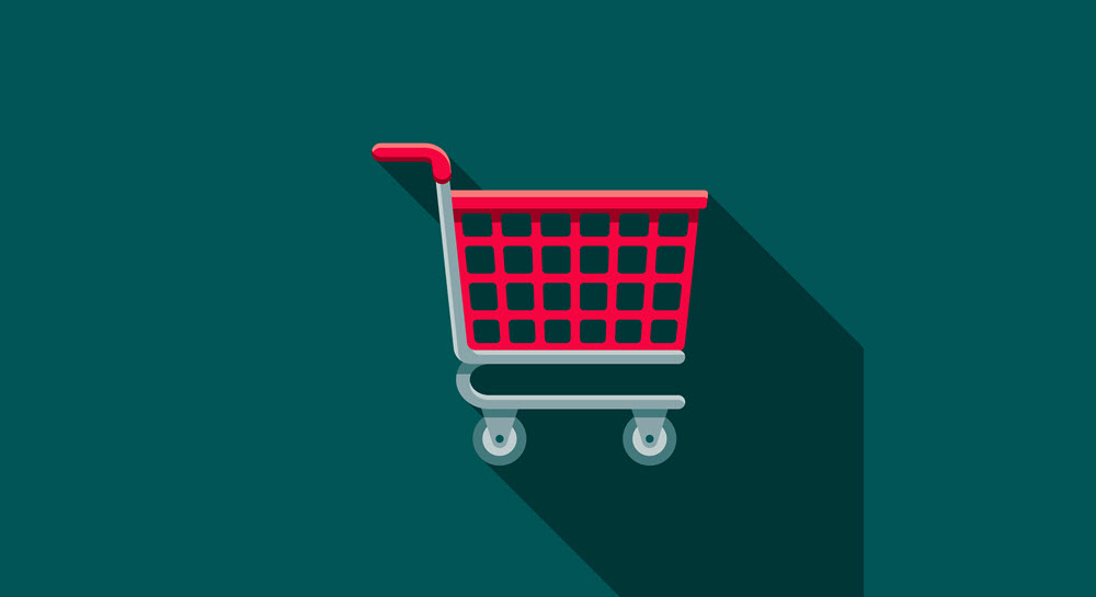 A stylized icon of a red shopping cart with silver wheels against a greenish blue background.