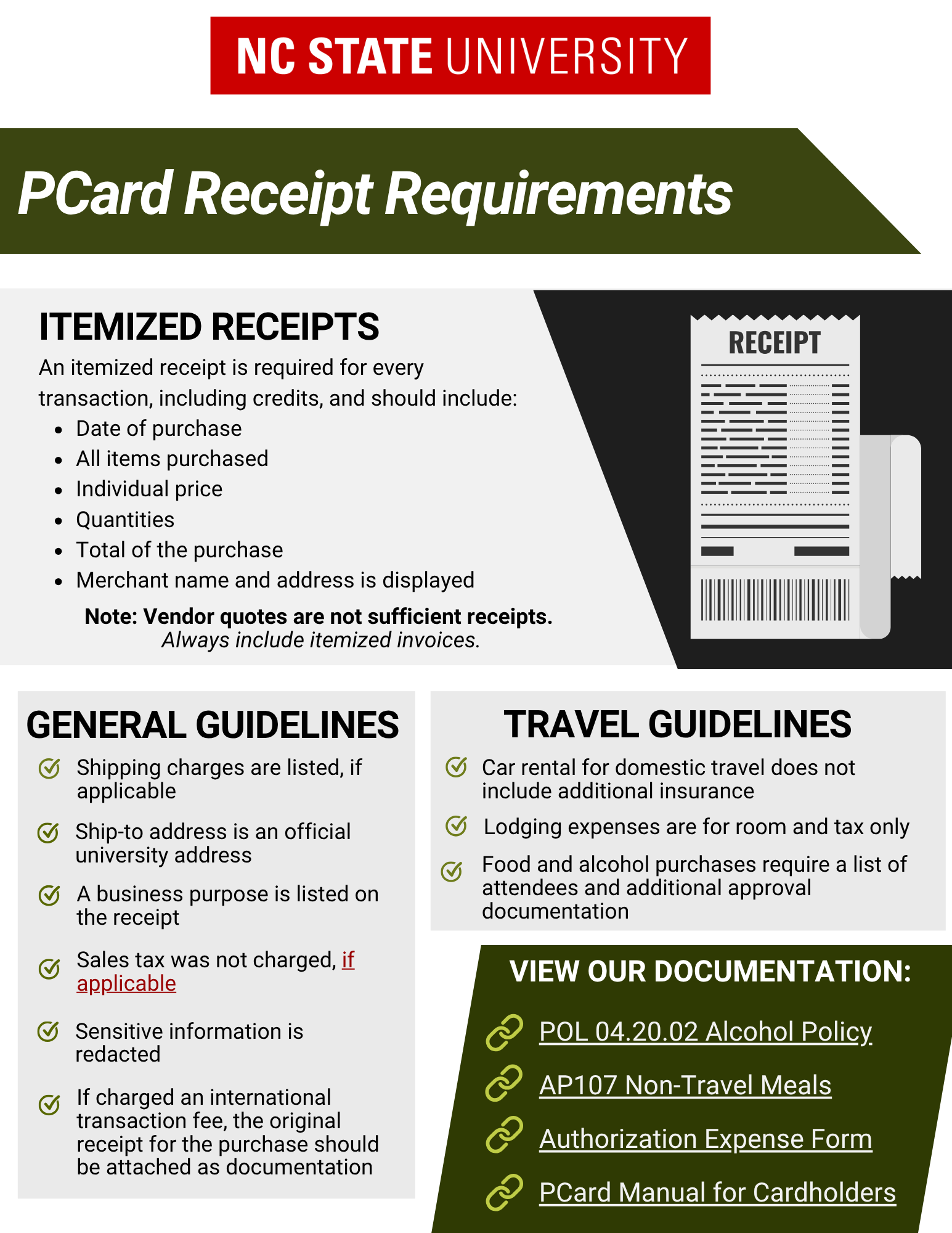 Receipts Requirements

An itemized receipt is required for every transaction, including credits, listing:
Date of purchase 
All items purchased
Individual price
Quantities
Total of the purchase
Merchant name and address  is displayed.

Vendor Quotes are not sufficient receipts, always include itemized  Invoices
Shipping charges are listed, if applicable
Ship to address is an official university address
A business purpose is listed on the receipt
Confirm Sales tax was not charged, if applicable
Sensitive information is redacted
If charged an international transaction fee, the original receipt for the purchase can be attached as documentation 

Food and Alcohol purchases require a list of attendees and  additional approval documentation:
 https://controller.ofa.ncsu.edu/resources/forms/ 
https://policies.ncsu.edu/policy/pol-04-20-02/

Car rental for domestic travel does not include additional insurance
Lodging expenses are for room and tax only
